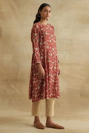 Red Ajrakh Print Boat Neck kurta