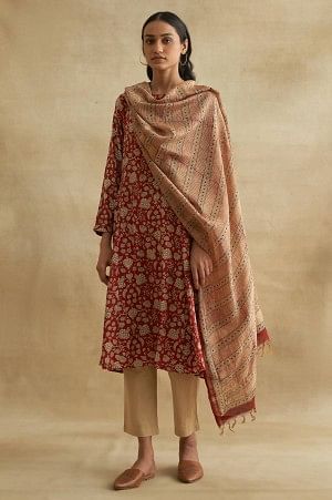 Red Ajrakh Print Boat Neck kurta