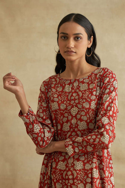 Red Ajrakh Print Boat Neck kurta