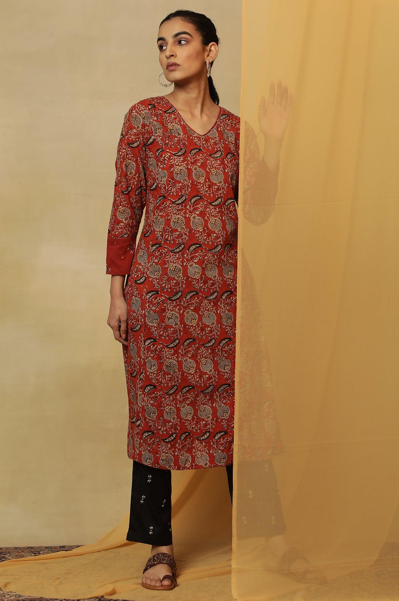 Red Handblock Print V-Neck Kurta - wforwoman