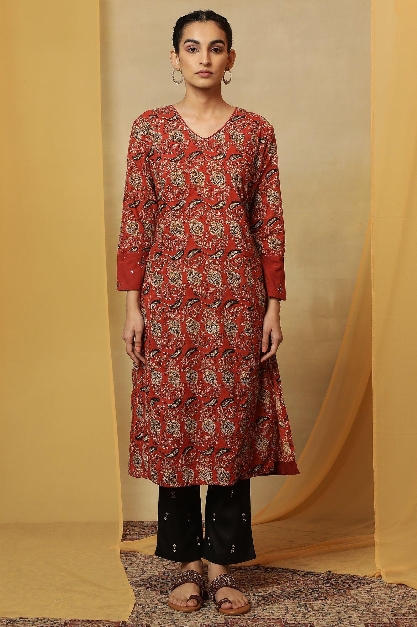 Red Handblock Print V-Neck Kurta - wforwoman