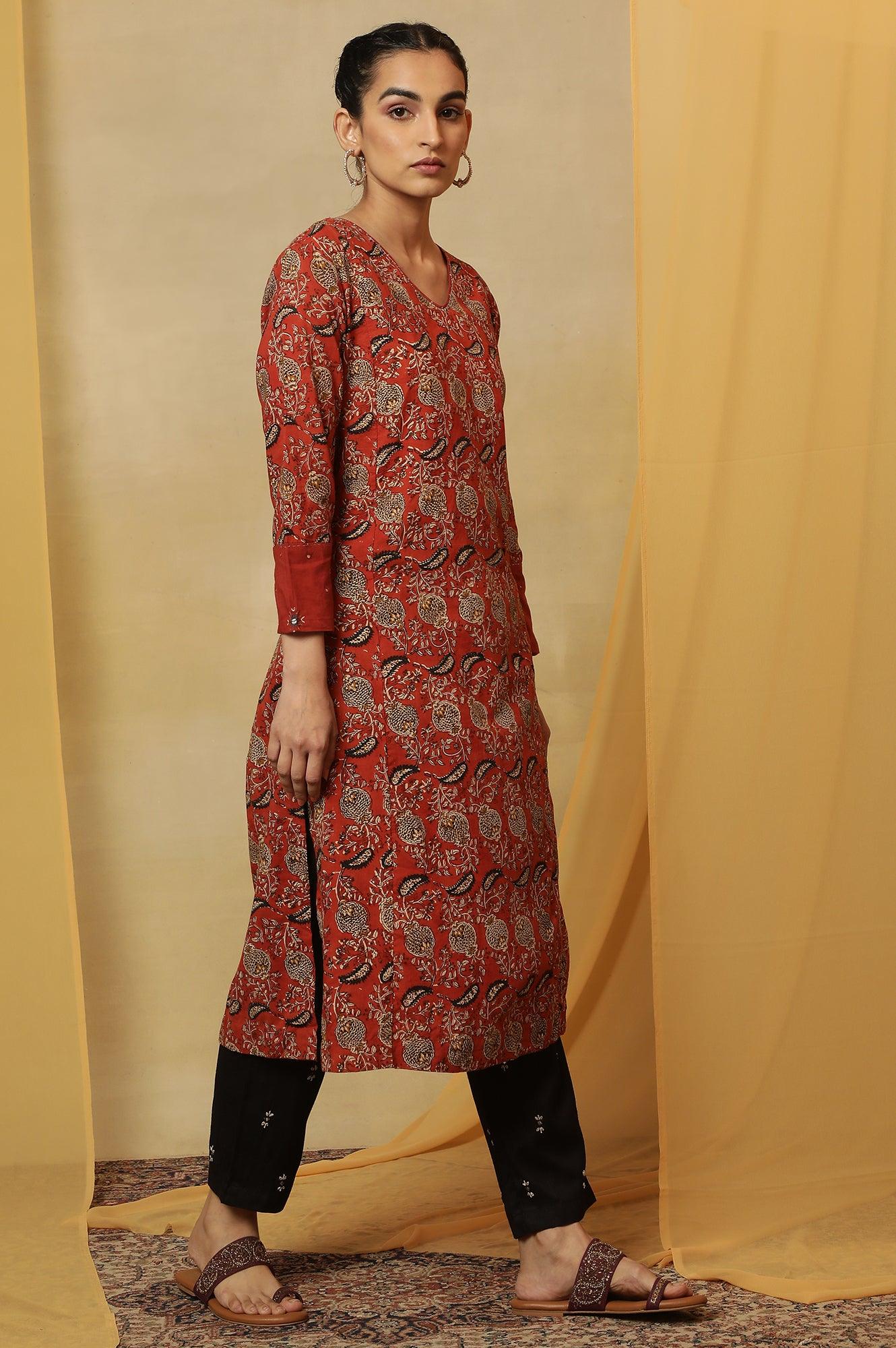 Red Handblock Print V-Neck Kurta - wforwoman