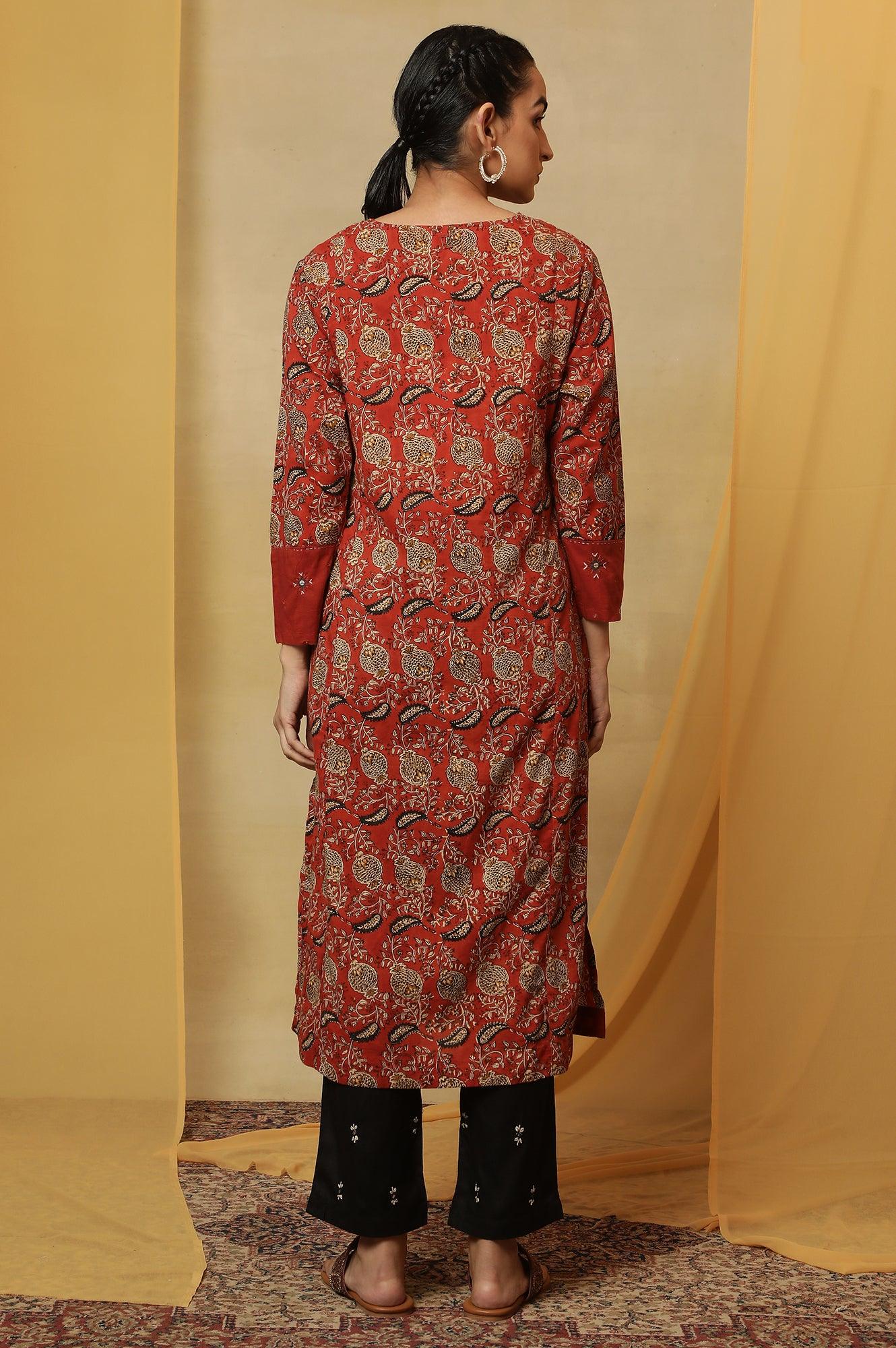 Red Handblock Print V-Neck Kurta - wforwoman