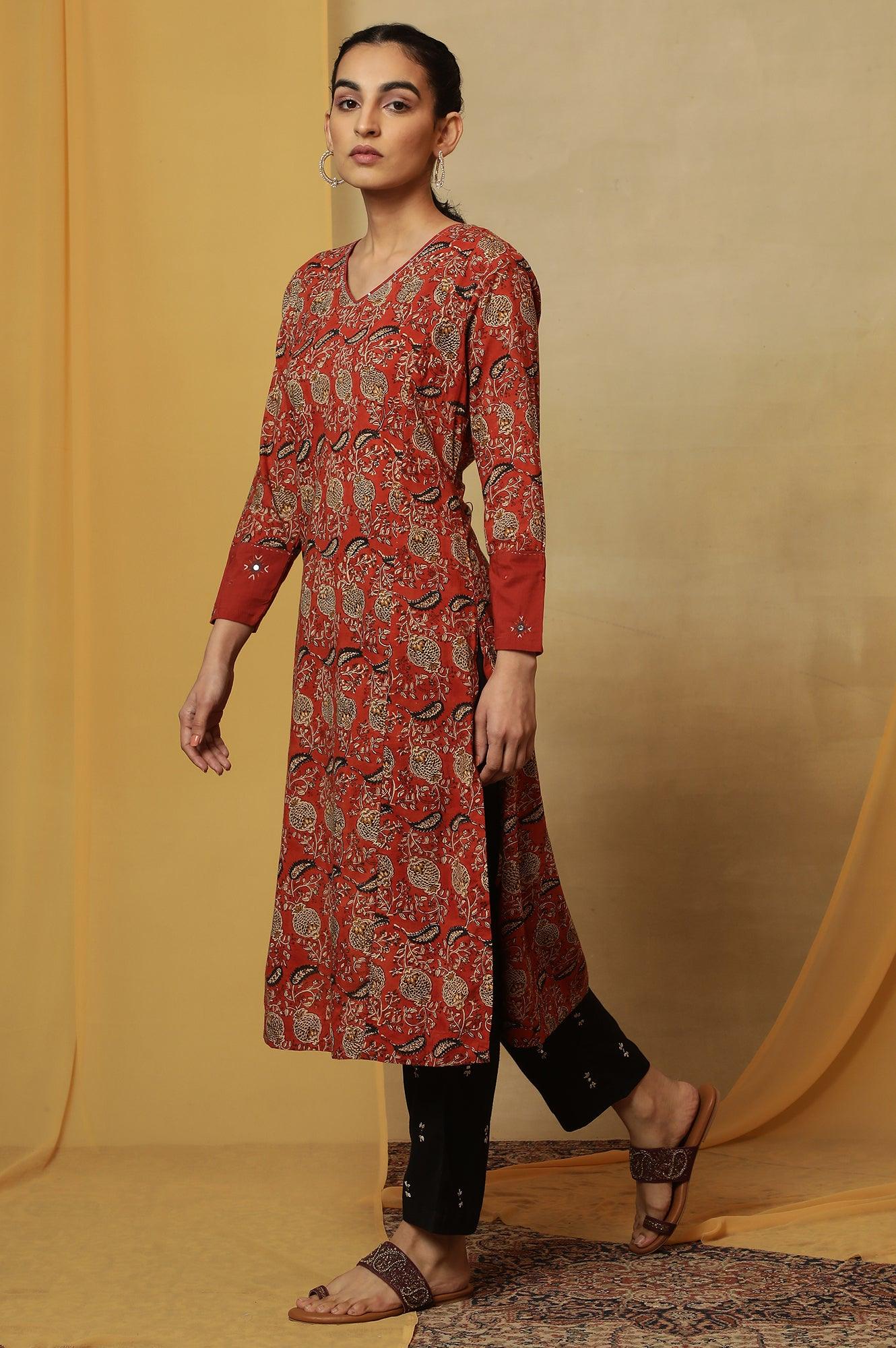 Red Handblock Print V-Neck Kurta - wforwoman