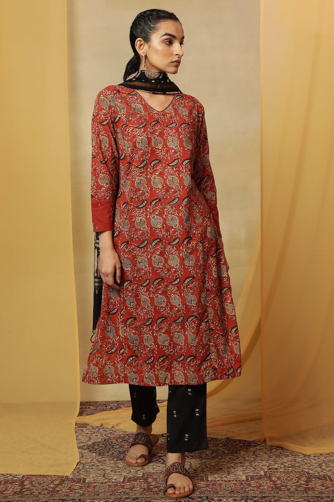 Red Handblock Print V-Neck Kurta - wforwoman