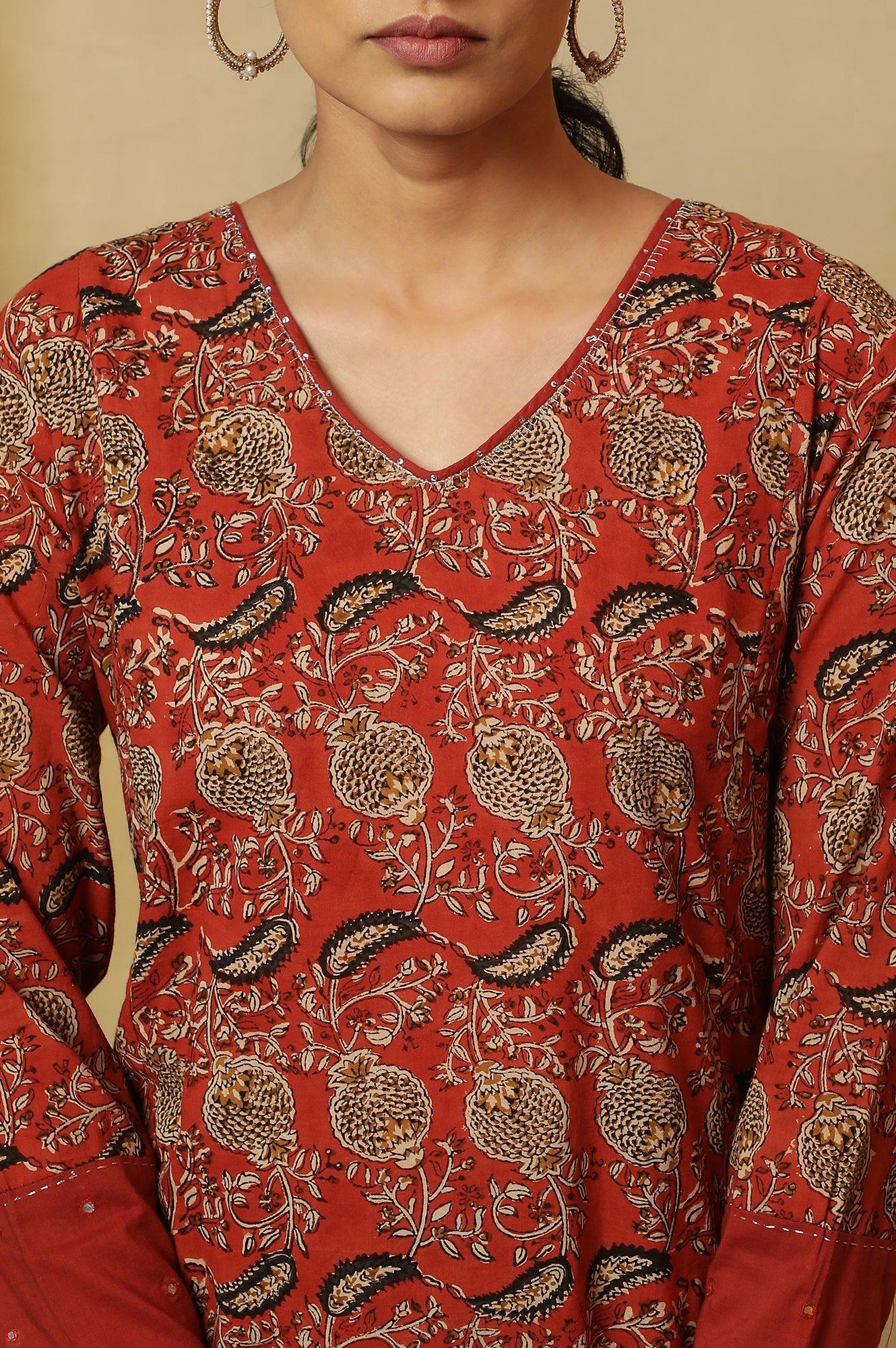 Red Handblock Print V-Neck Kurta - wforwoman