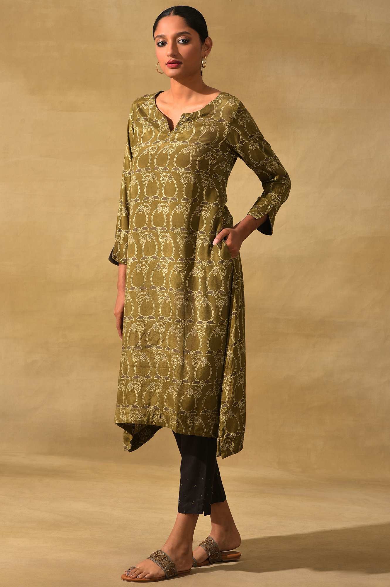 Olive Ajrakh Print A-Line kurta