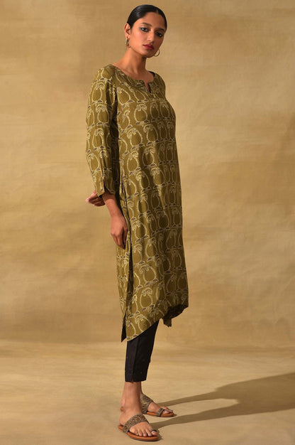 Olive Ajrakh Print A-Line kurta