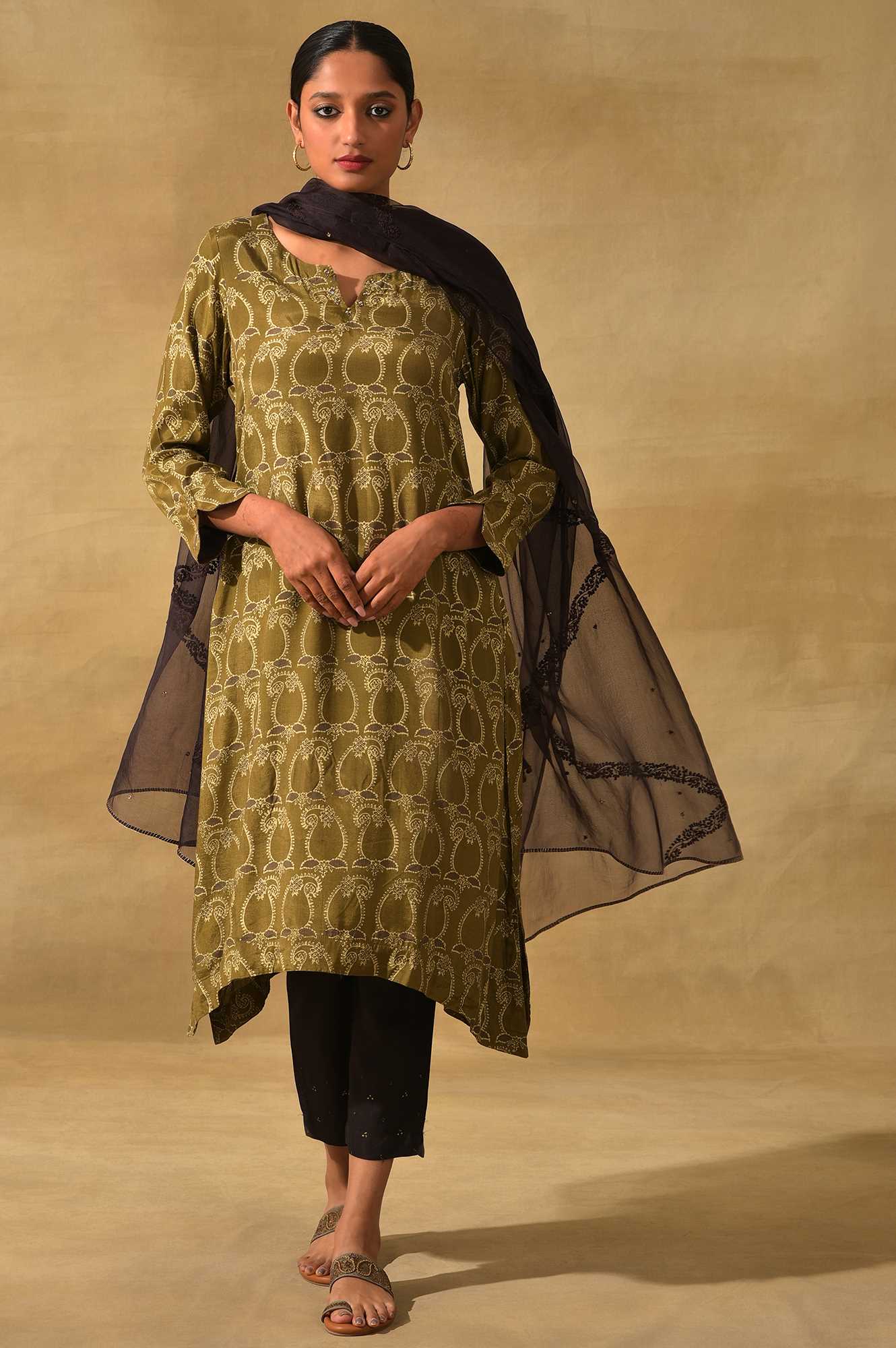 Olive Ajrakh Print A-Line kurta