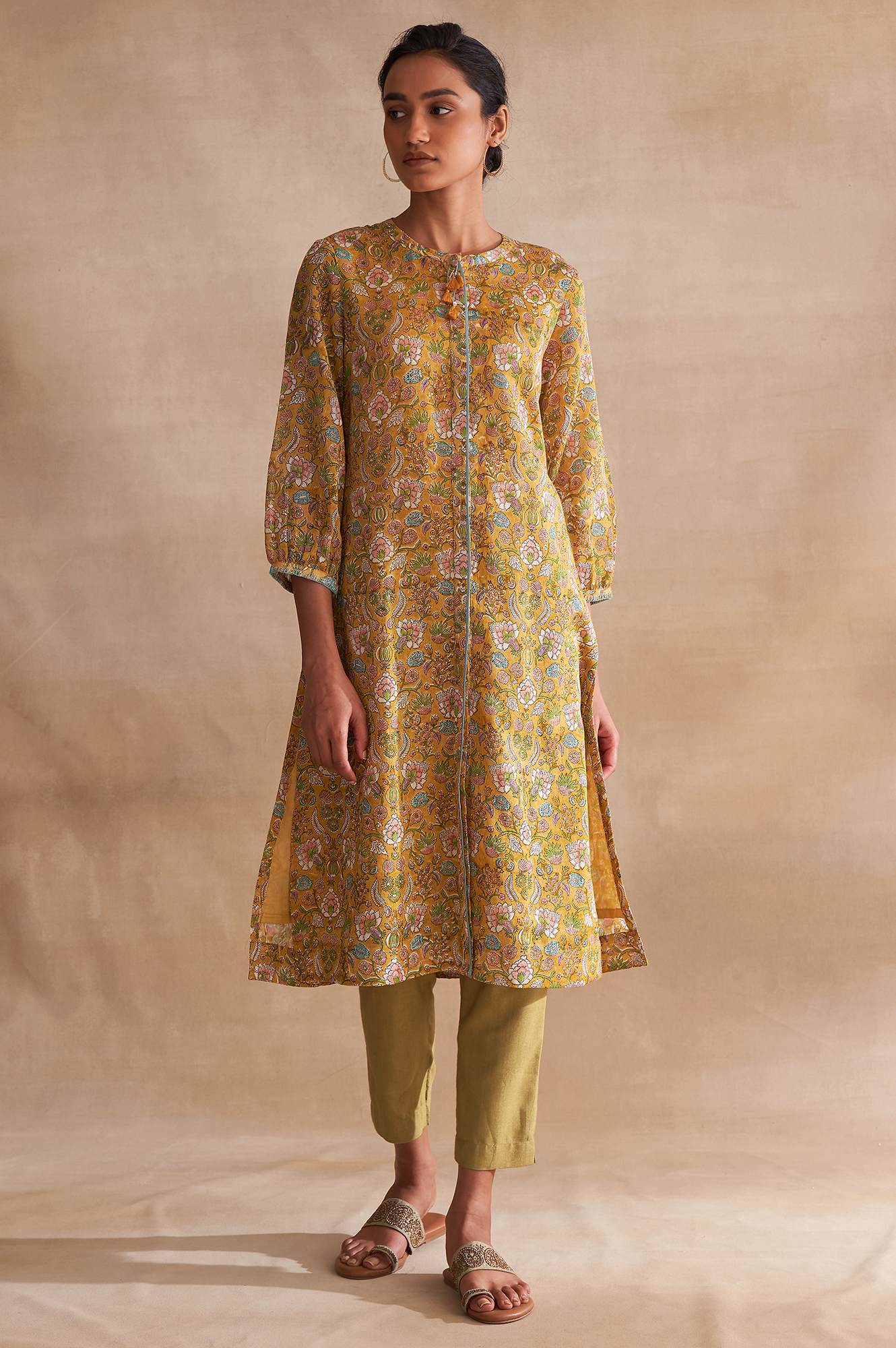 Yellow Handblock Print Cotton Silk Shirtdress