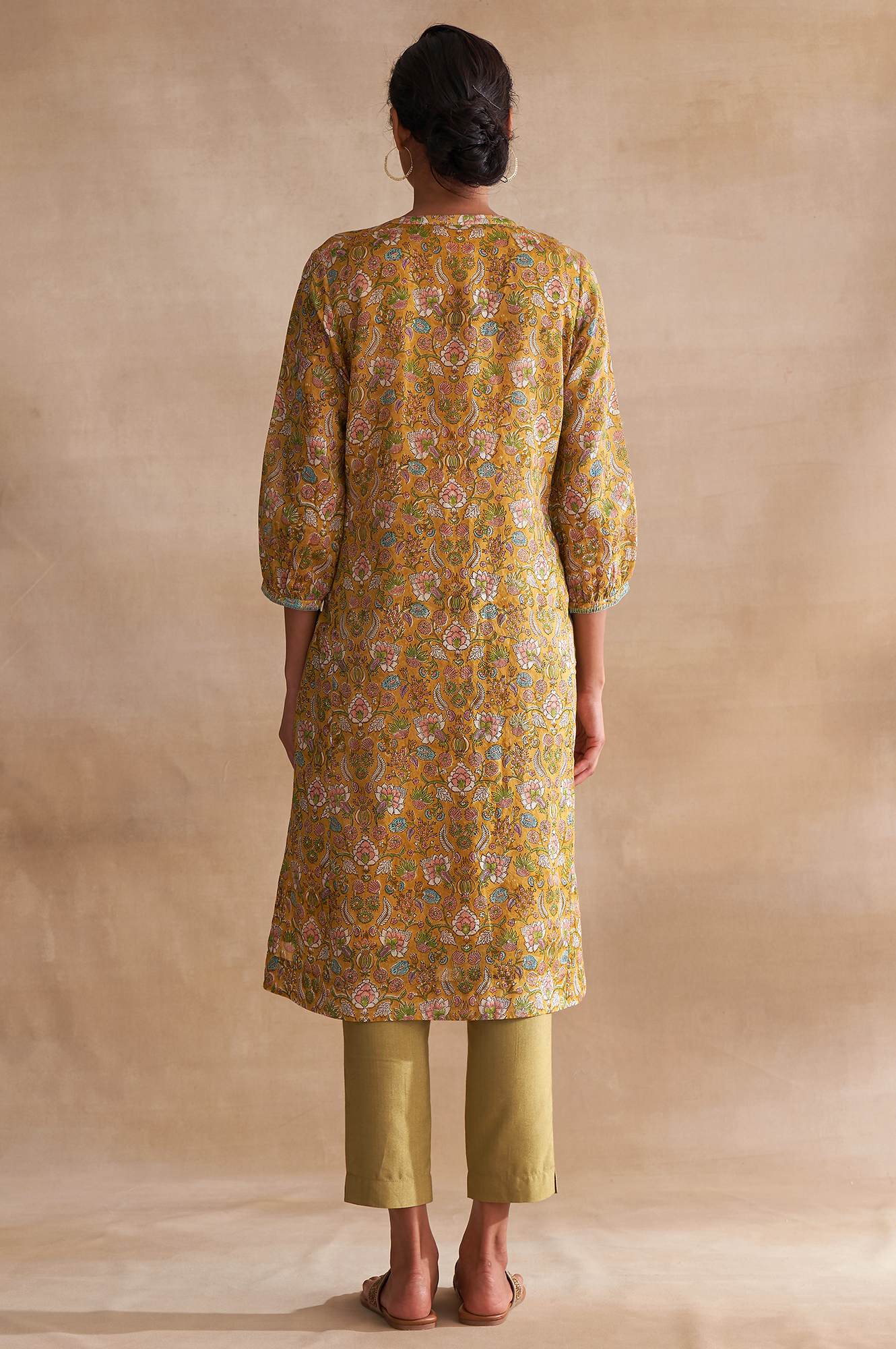 Yellow Handblock Print Cotton Silk Shirtdress