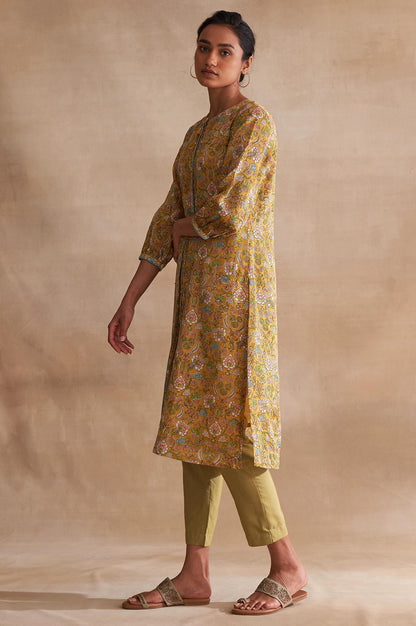 Yellow Handblock Print Cotton Silk Shirtdress