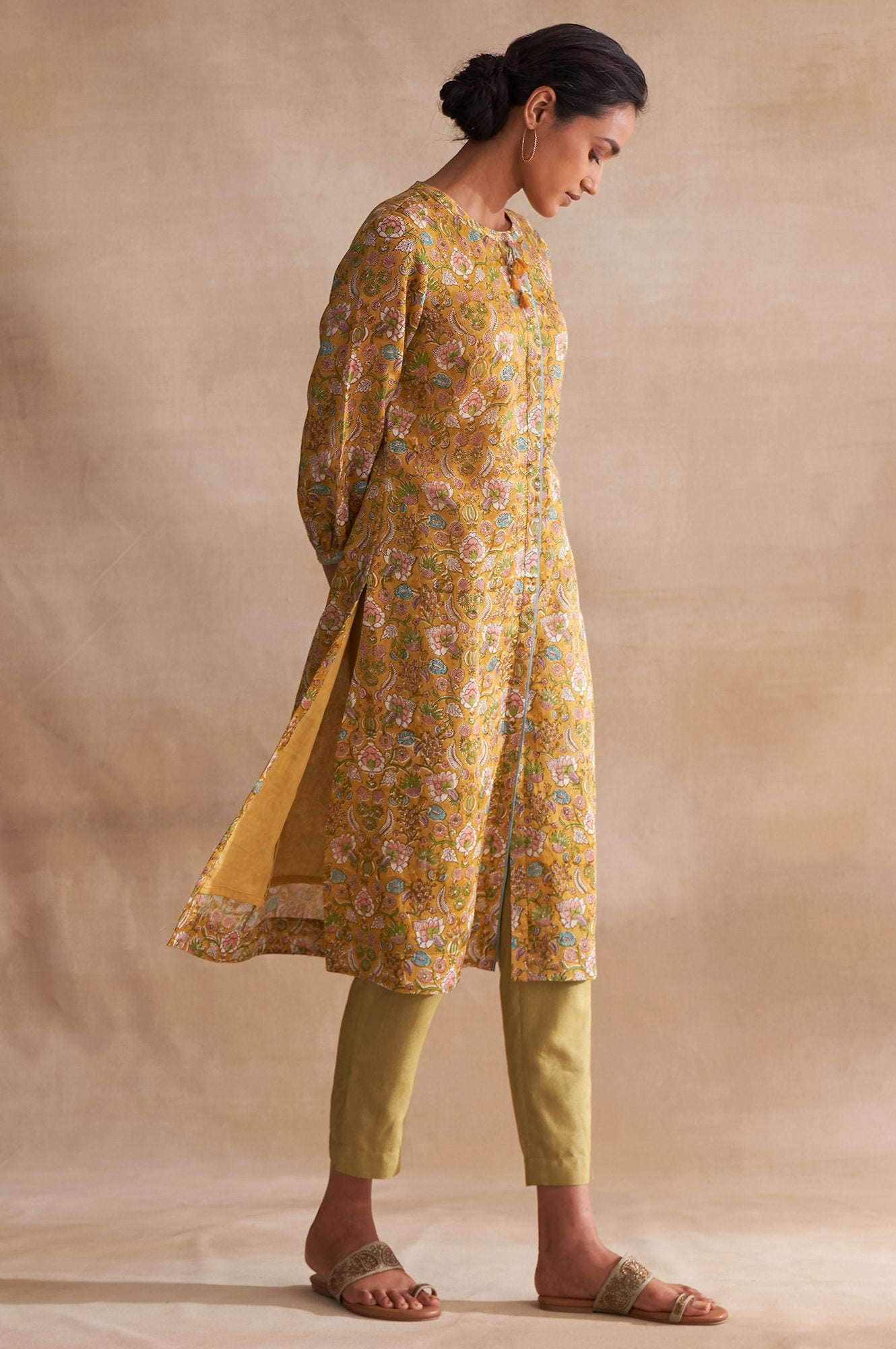 Yellow Handblock Print Cotton Silk Shirtdress