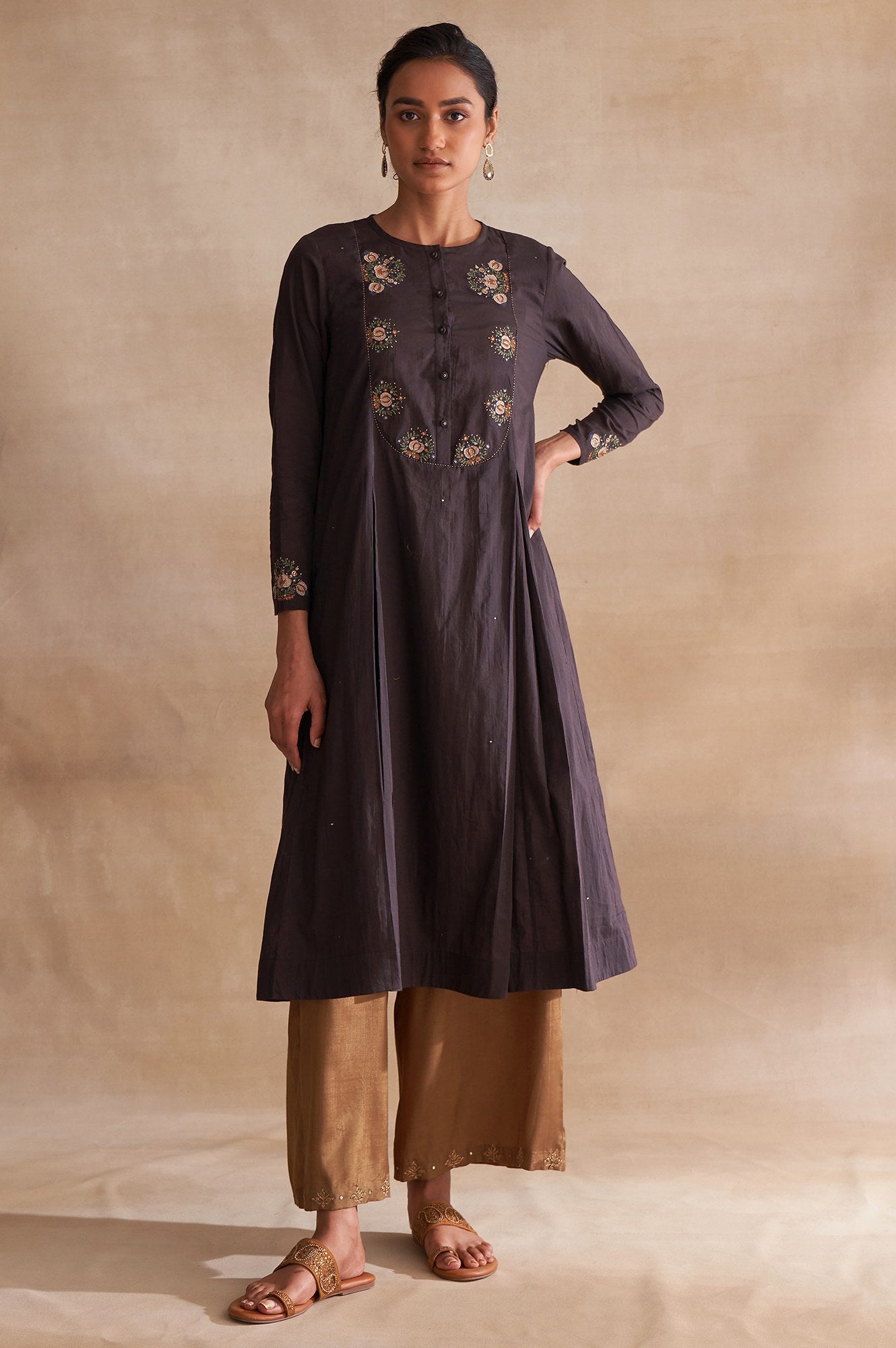 Dark Brown Embroidered kurta With Pleats