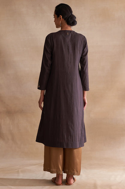 Dark Brown Embroidered kurta With Pleats