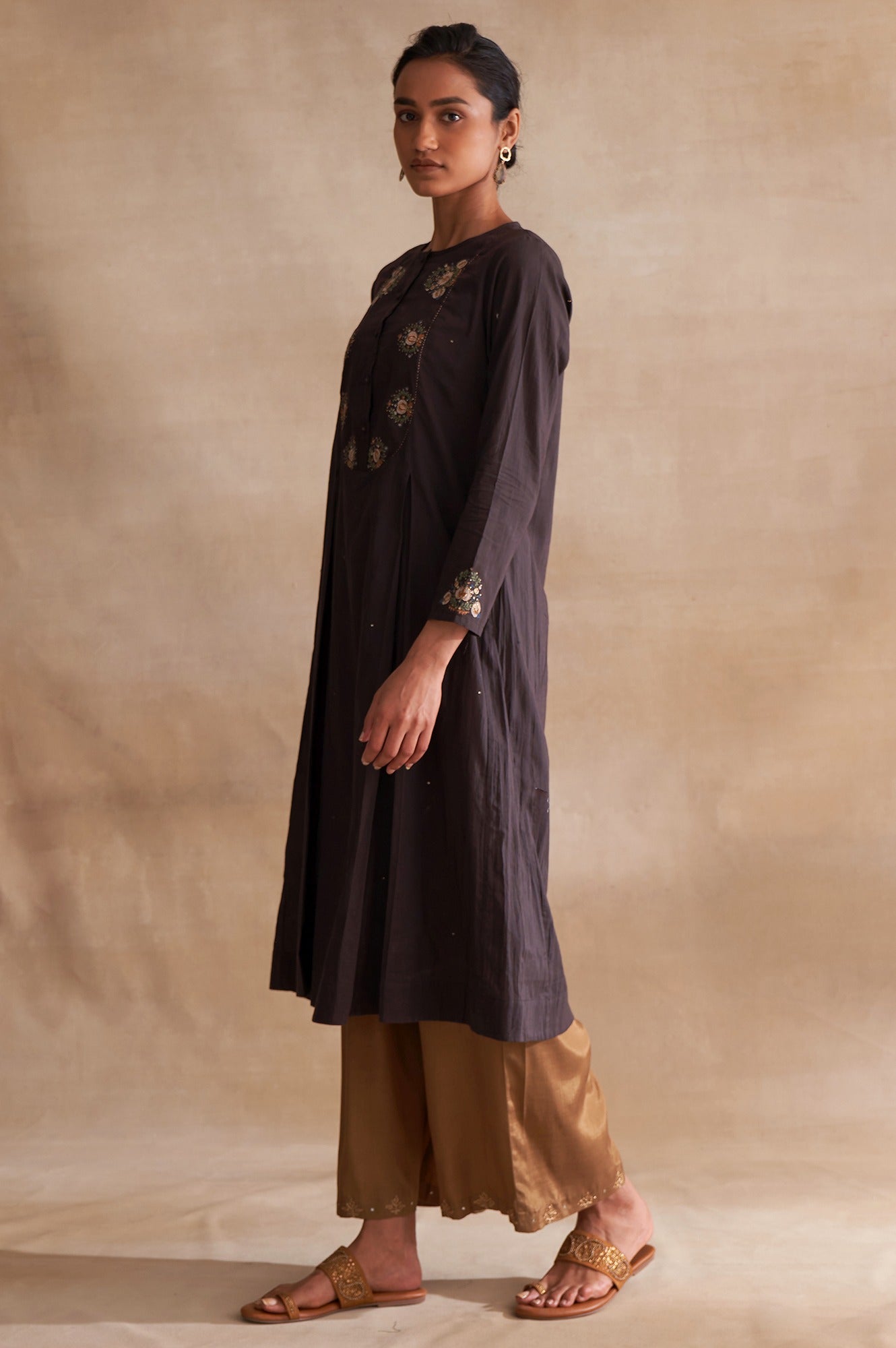 Dark Brown Embroidered kurta With Pleats