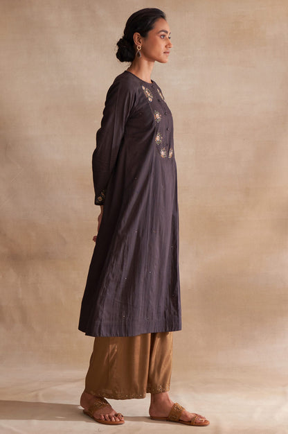 Dark Brown Embroidered kurta With Pleats