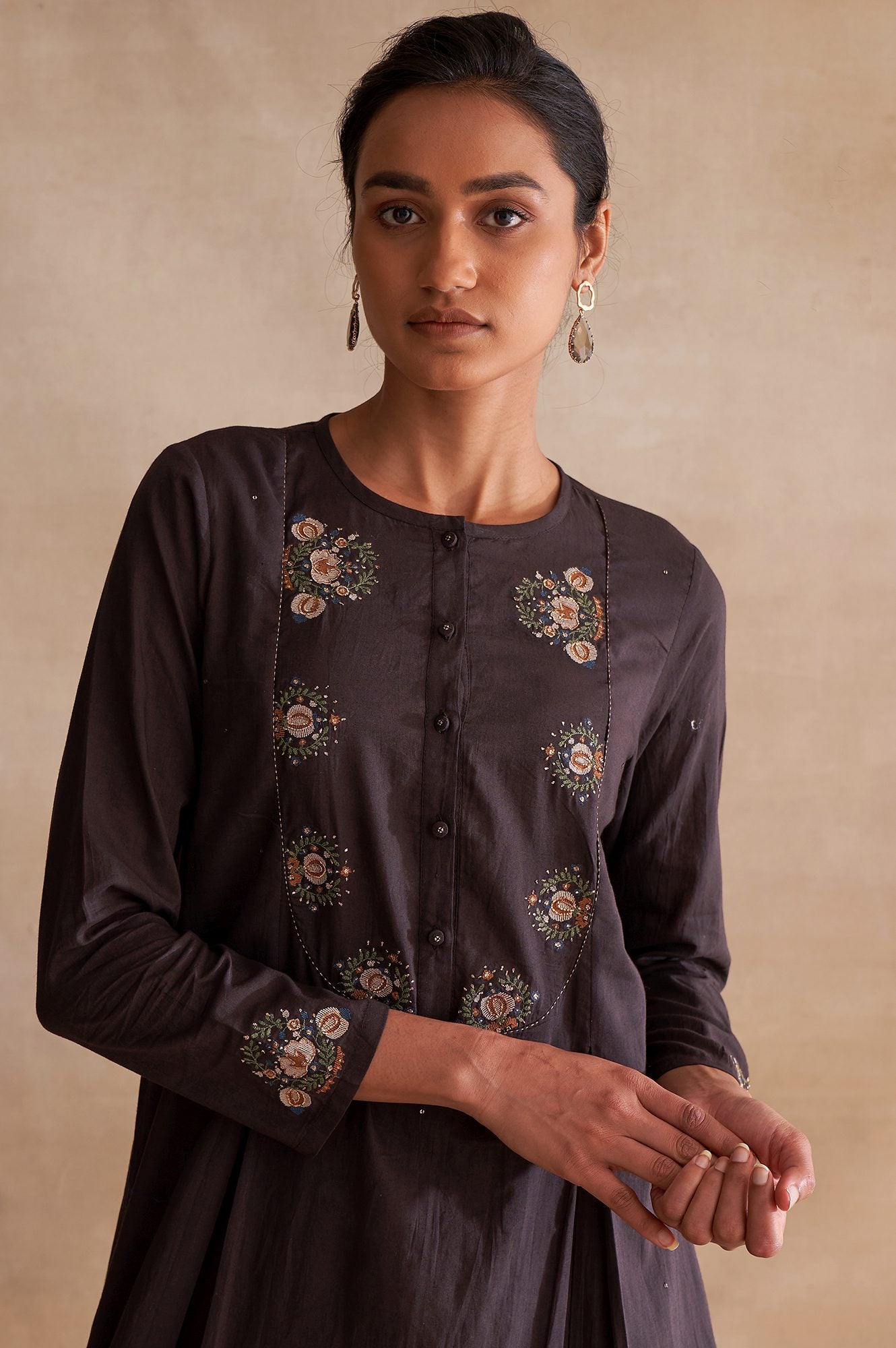 Dark Brown Embroidered kurta With Pleats