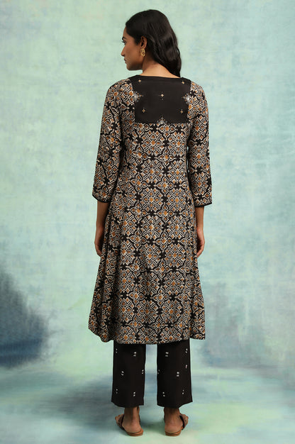 Black Flared kurta In Handblock Print