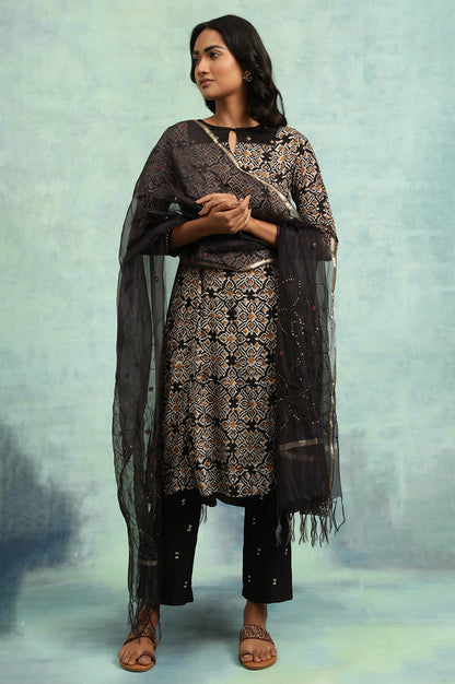 Black Flared kurta In Handblock Print