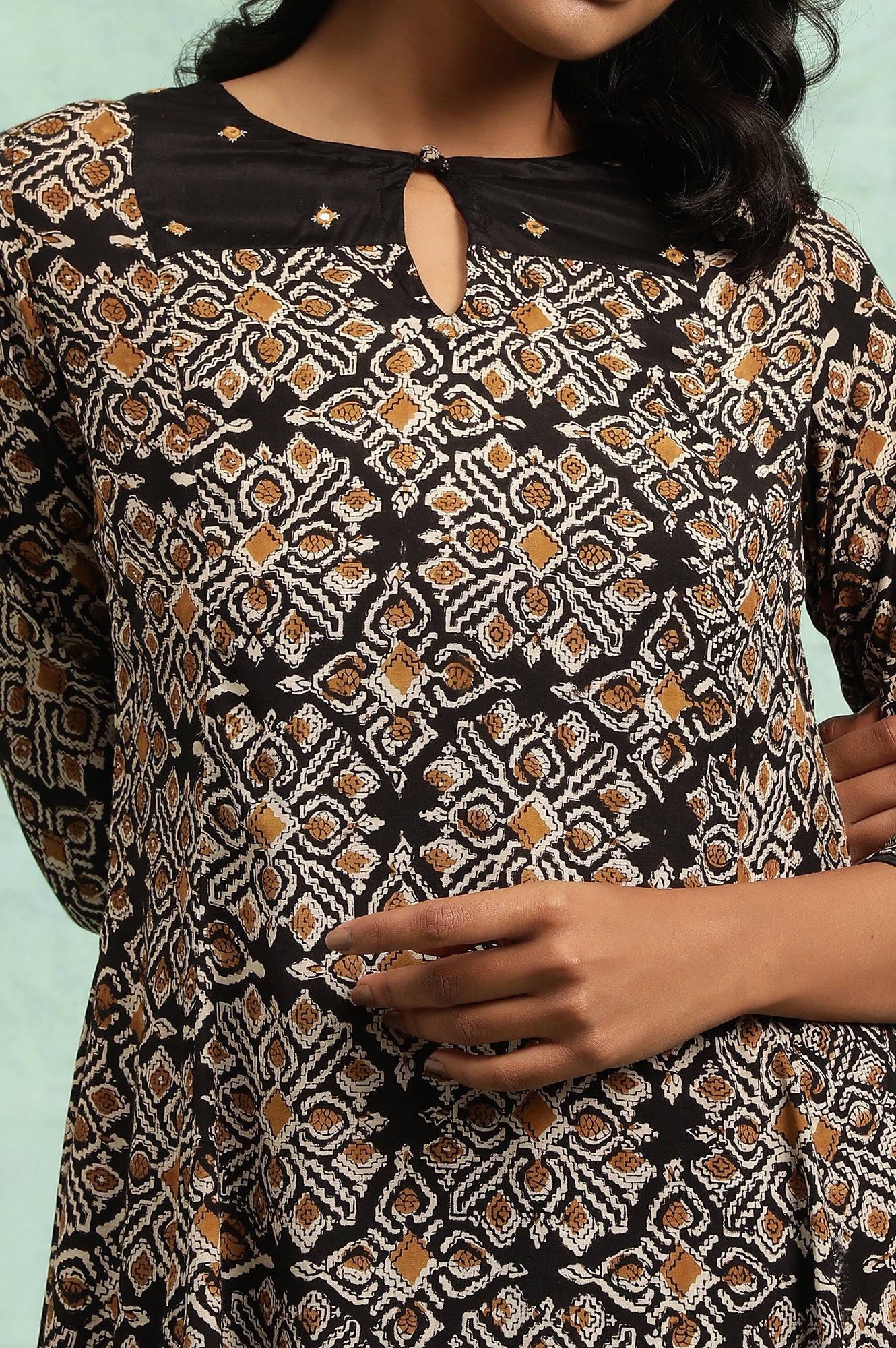 Black Flared kurta In Handblock Print