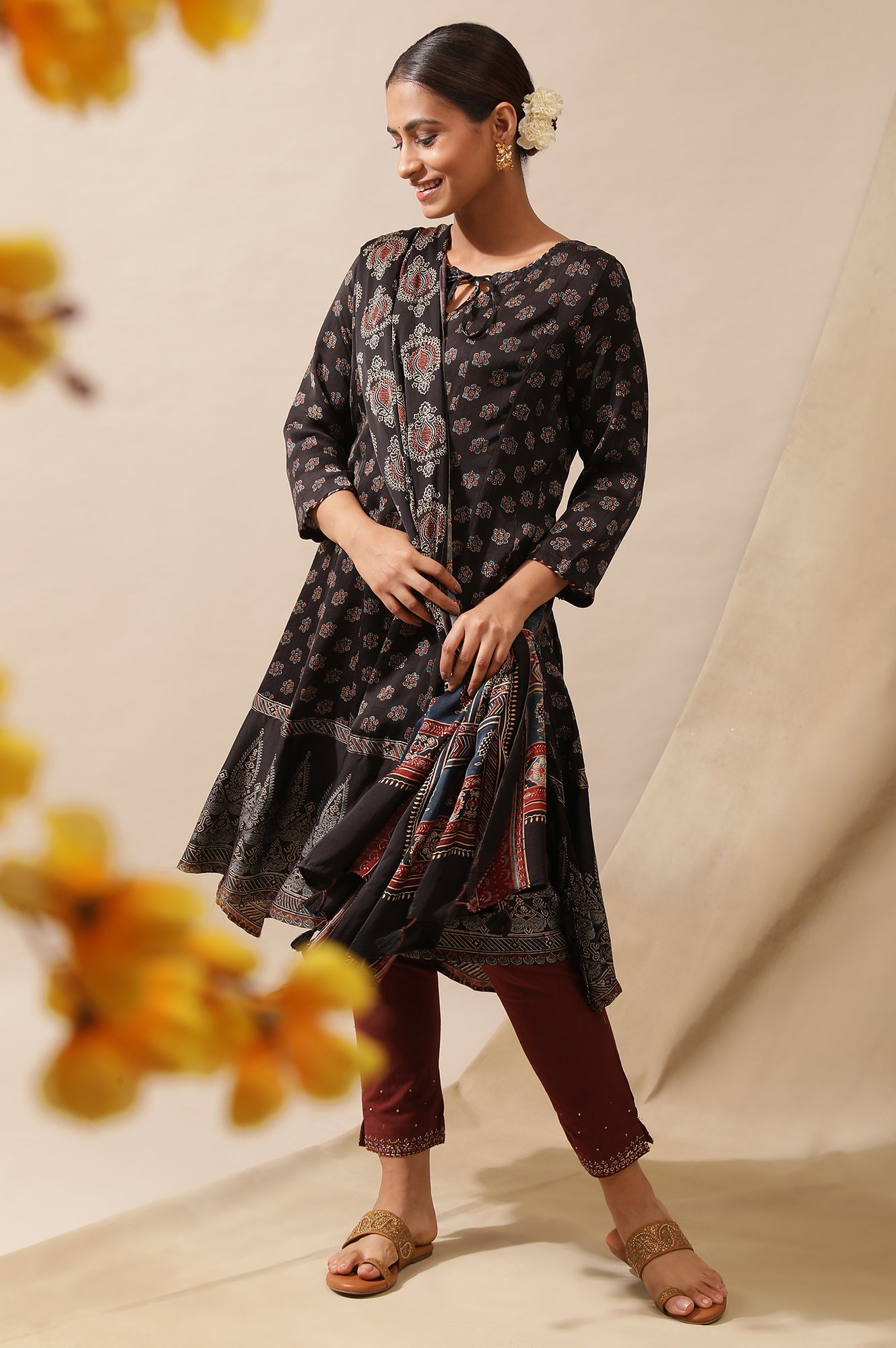 Black Ajrakh Print Kalidar Kurta