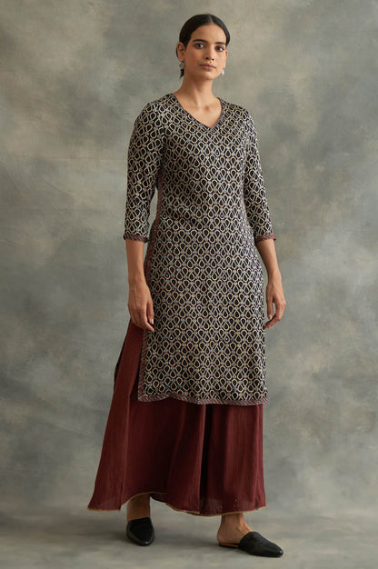 Black Ajrakh Print Lustrous Satin kurta