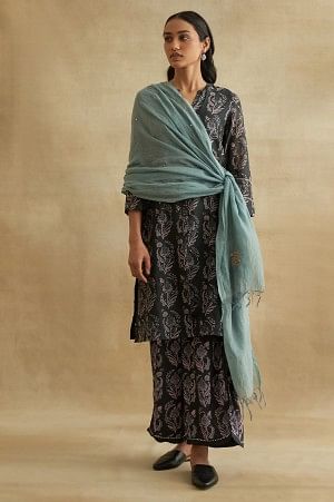 Charcoal Floral Print Cotton Silk kurta