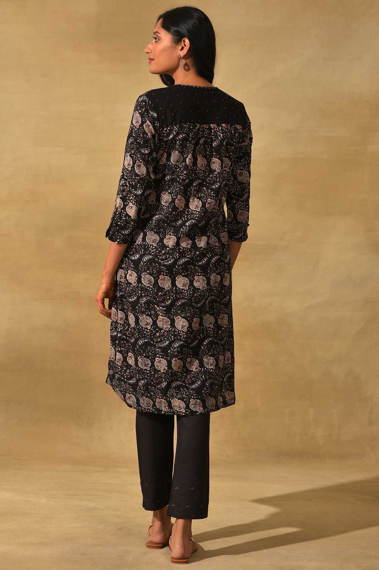 Black Handblock Print Slub kurta