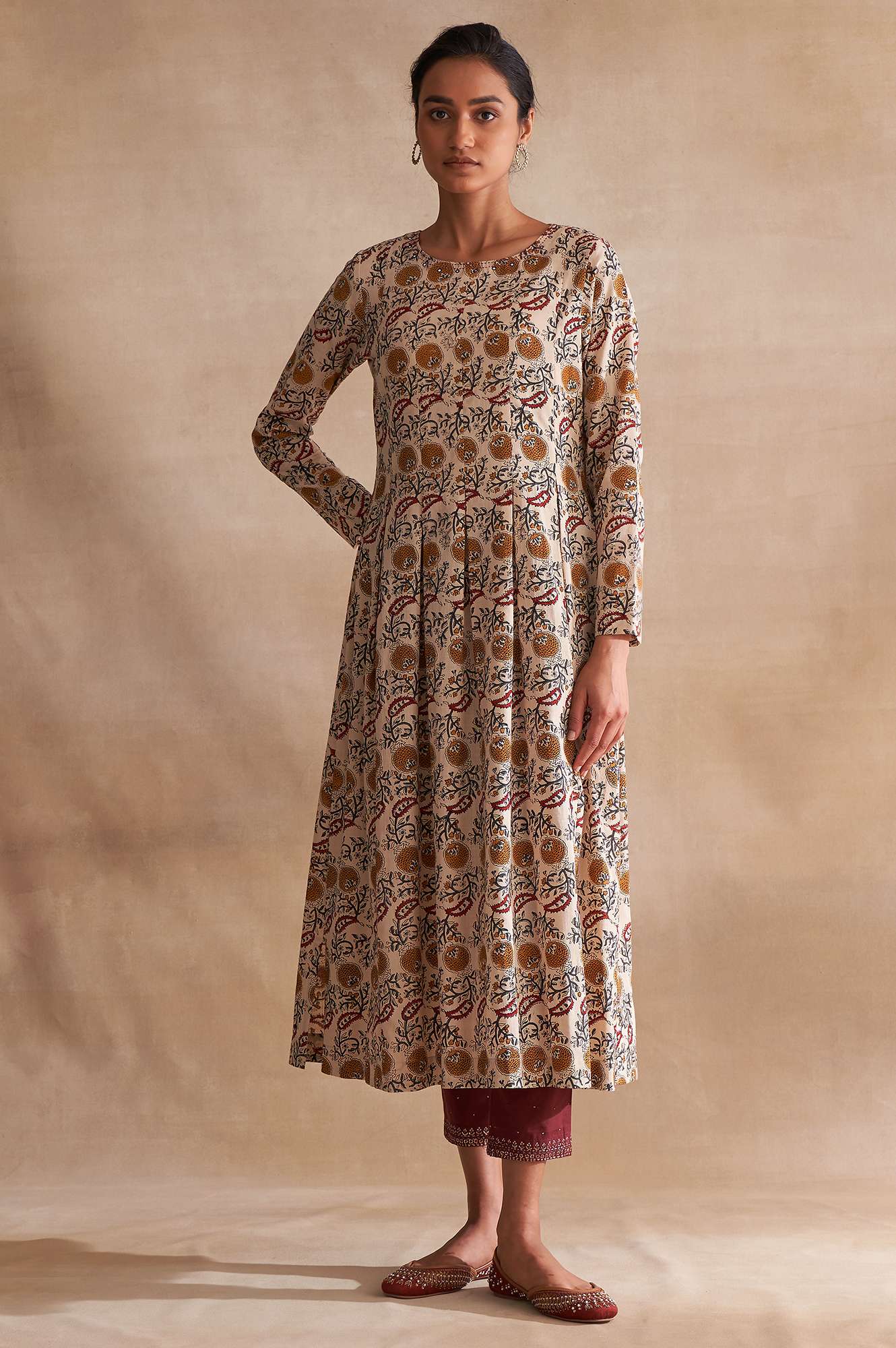 Folksong By W Beige Block Print Pleated Longline kurta