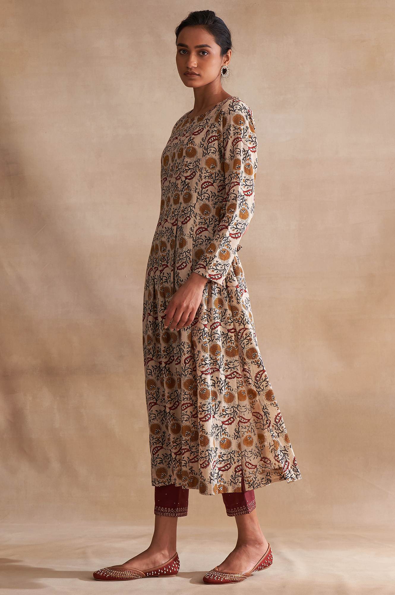 Folksong By W Beige Block Print Pleated Longline kurta