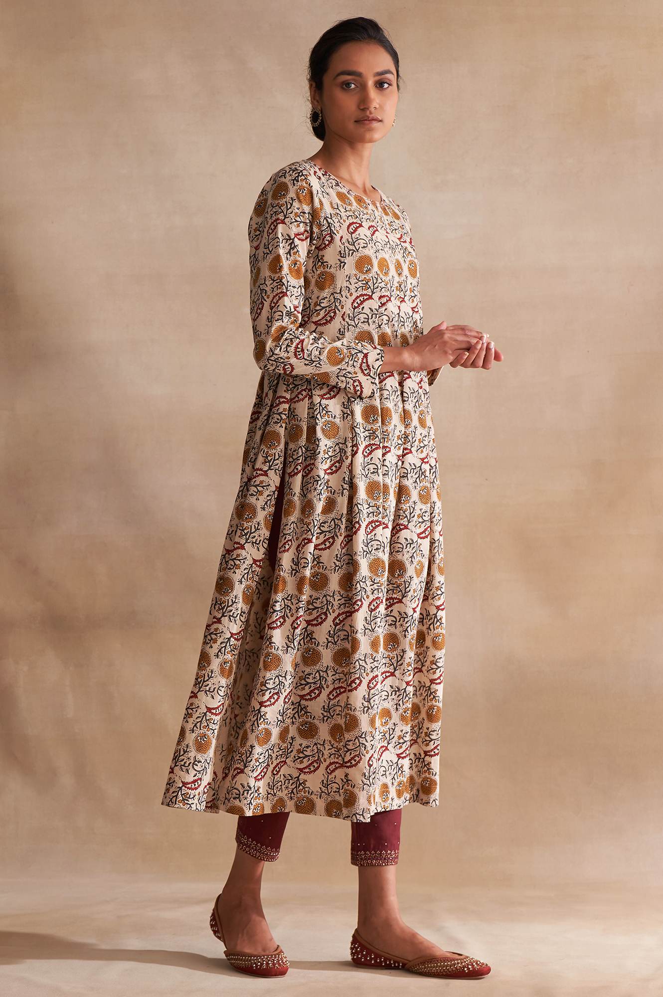 Folksong By W Beige Block Print Pleated Longline kurta