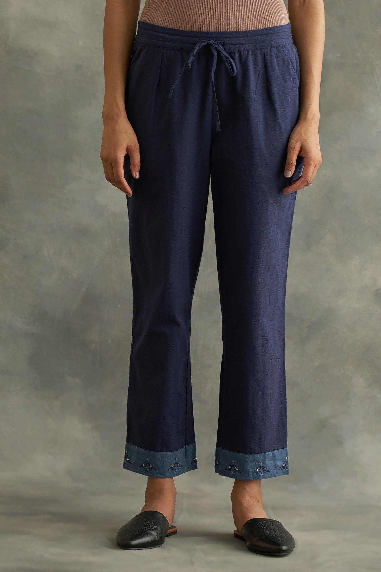 Dark Blue Colour Blocked Straight Pants - wforwoman