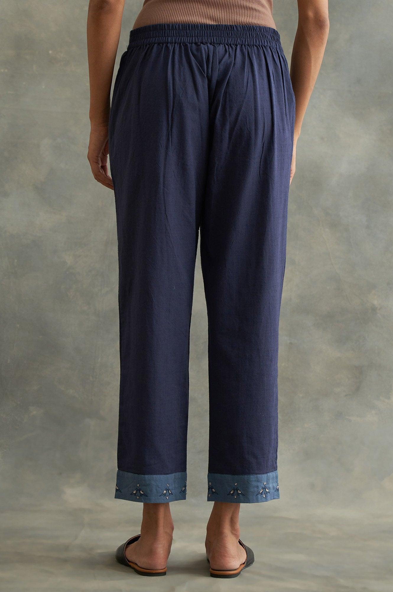 Dark Blue Colour Blocked Straight Pants - wforwoman