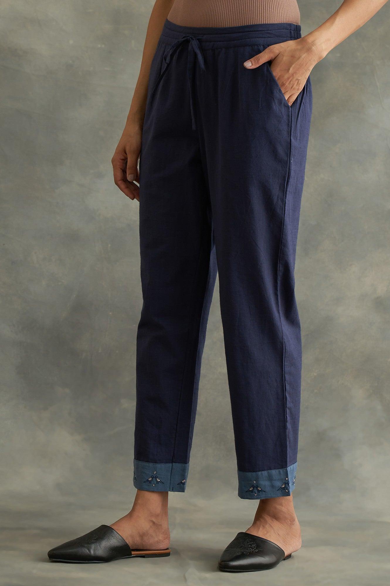 Dark Blue Colour Blocked Straight Pants - wforwoman