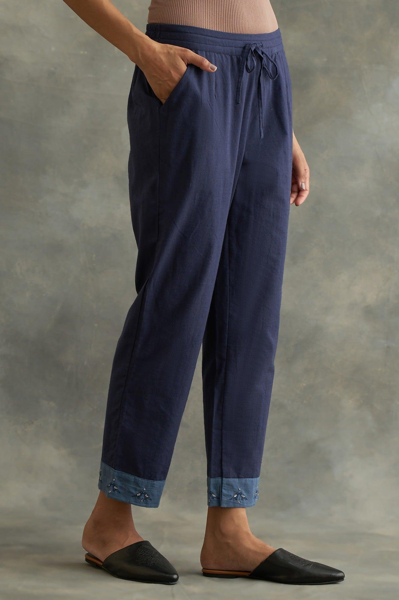 Dark Blue Colour Blocked Straight Pants - wforwoman