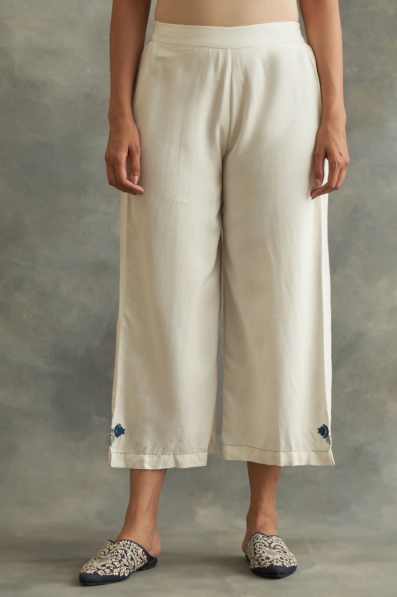 Ecru Embroidered Parallel Pants