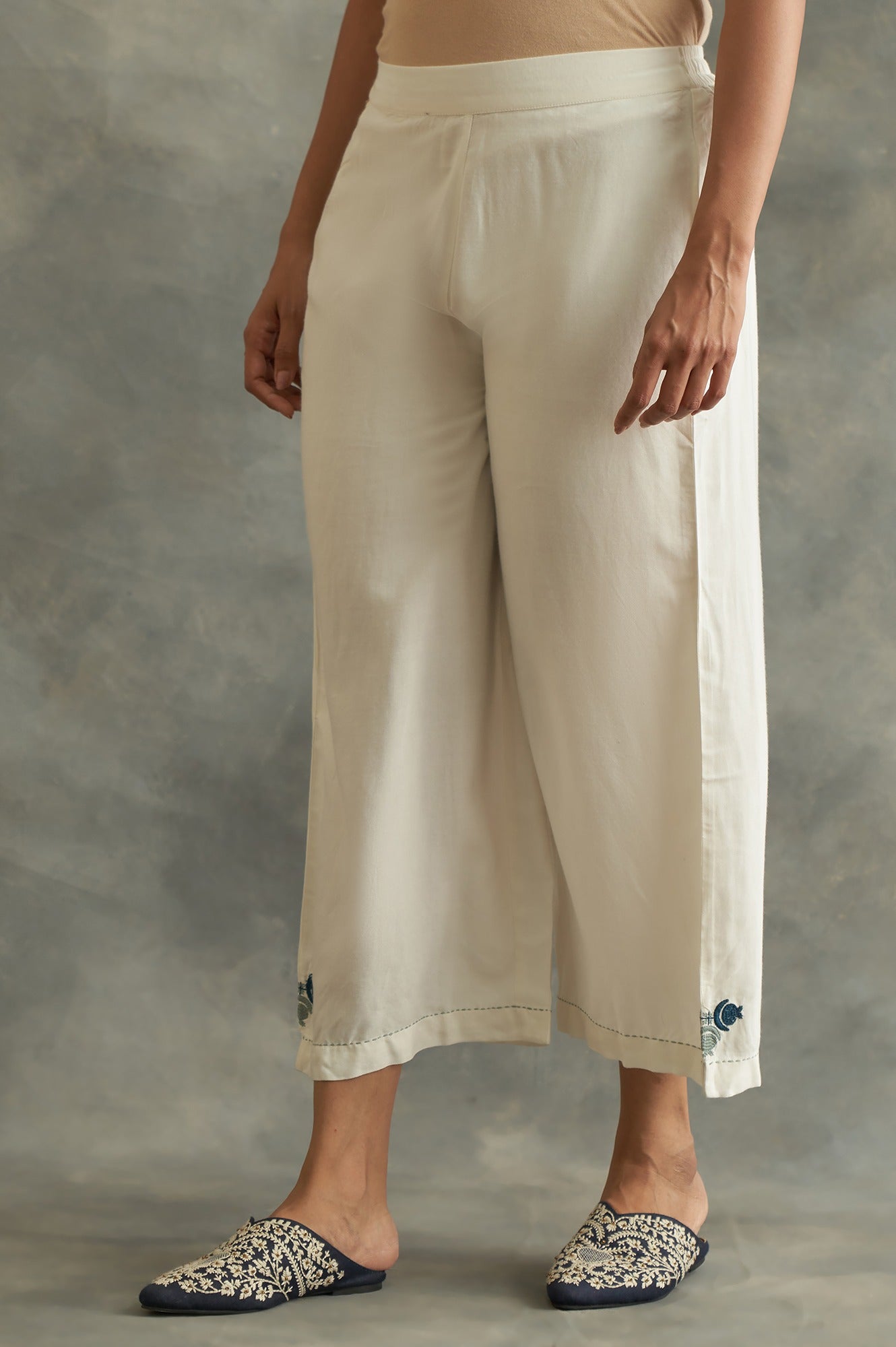 Ecru Embroidered Parallel Pants