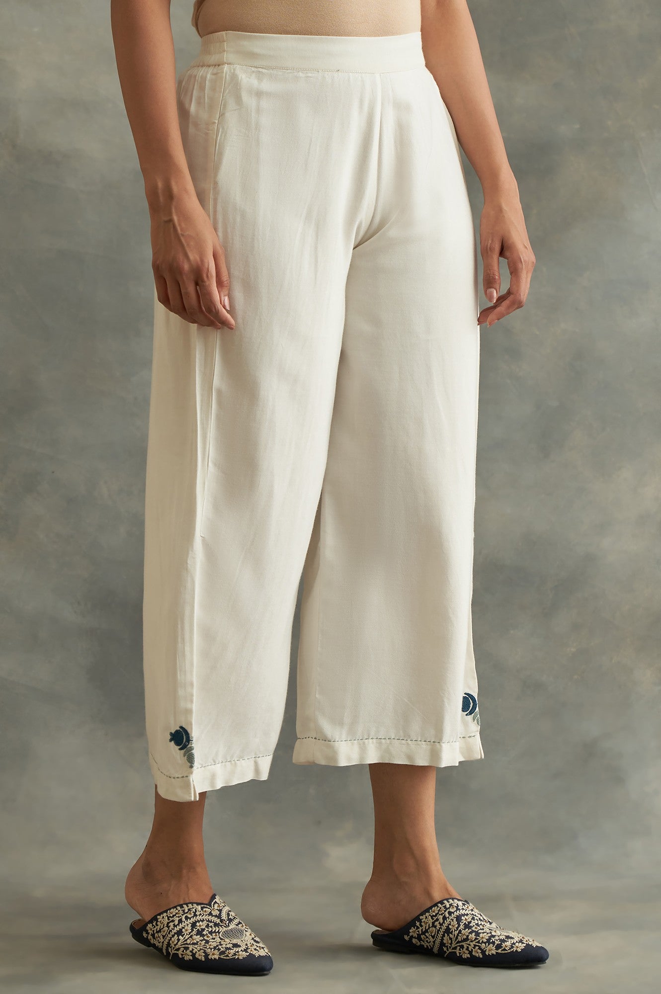 Ecru Embroidered Parallel Pants