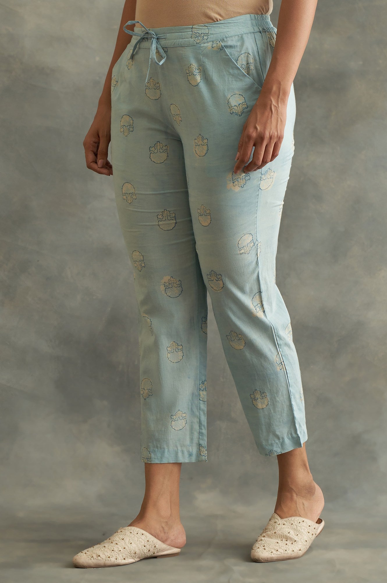 Light Blue Handblock Print Straight Pants