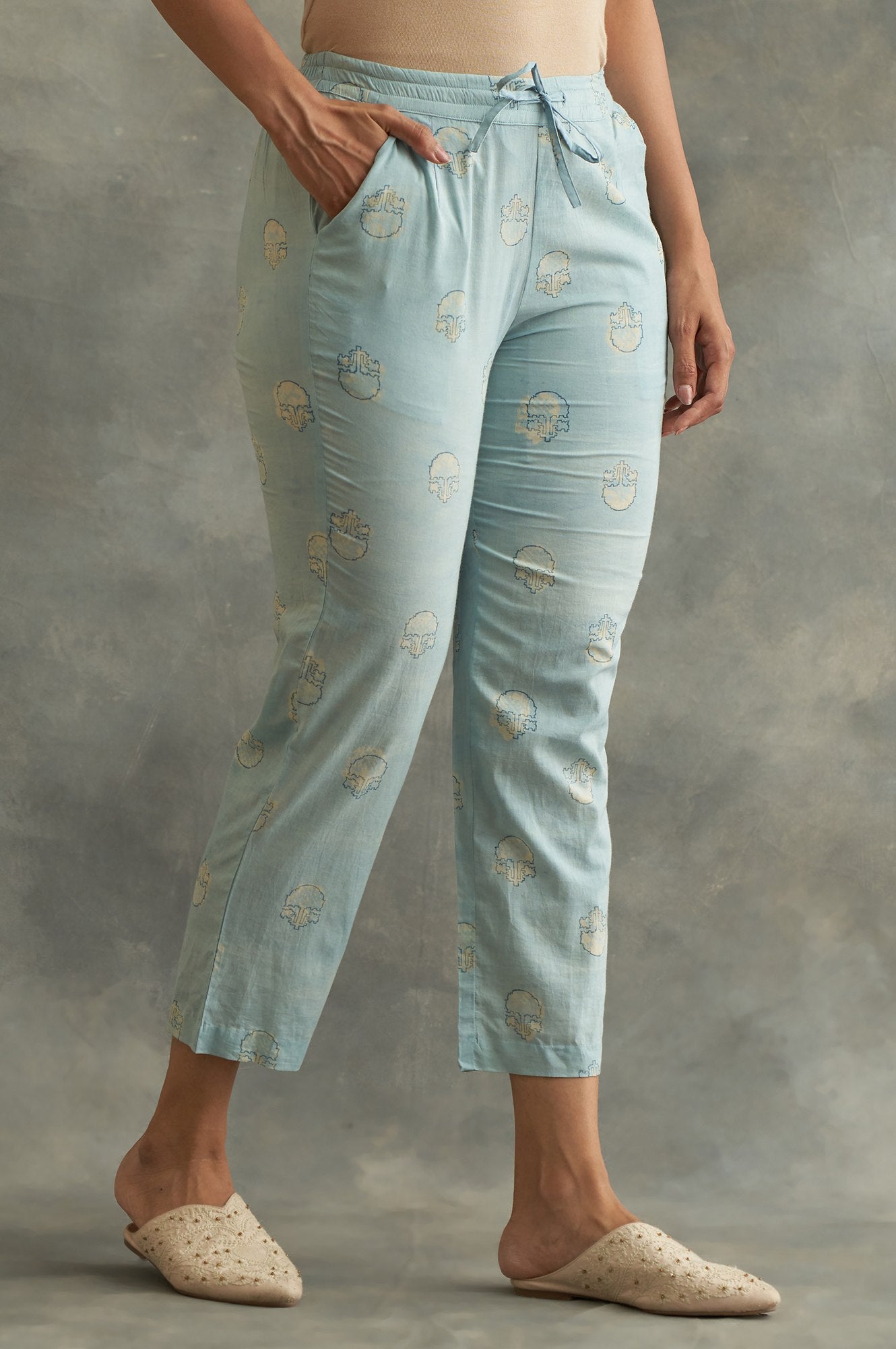 Light Blue Handblock Print Straight Pants