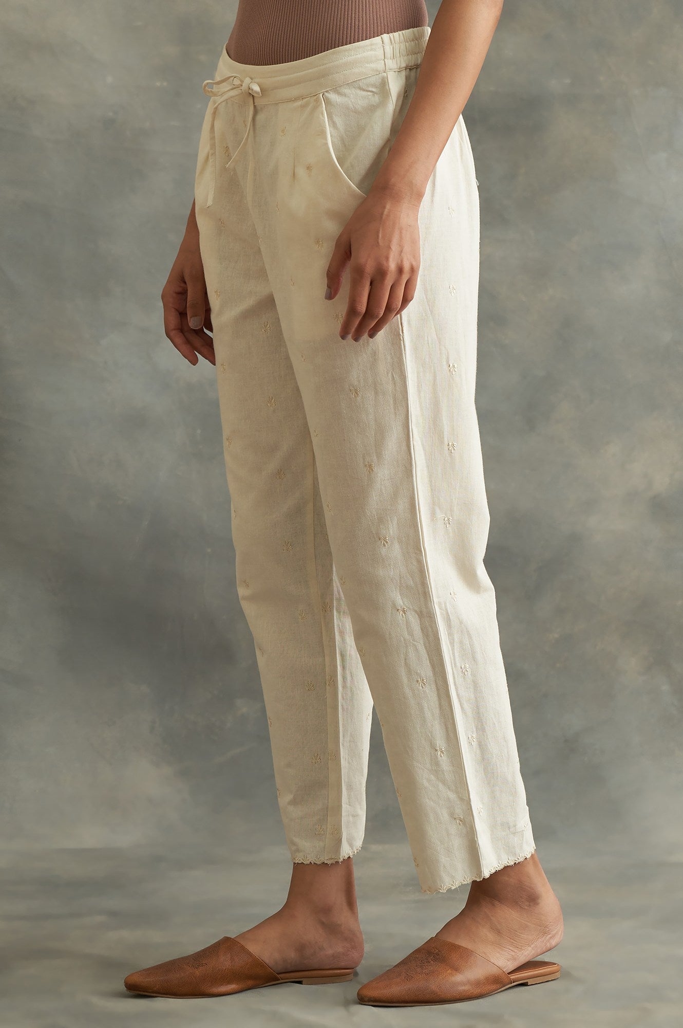 Ecru Solid Straight Pants