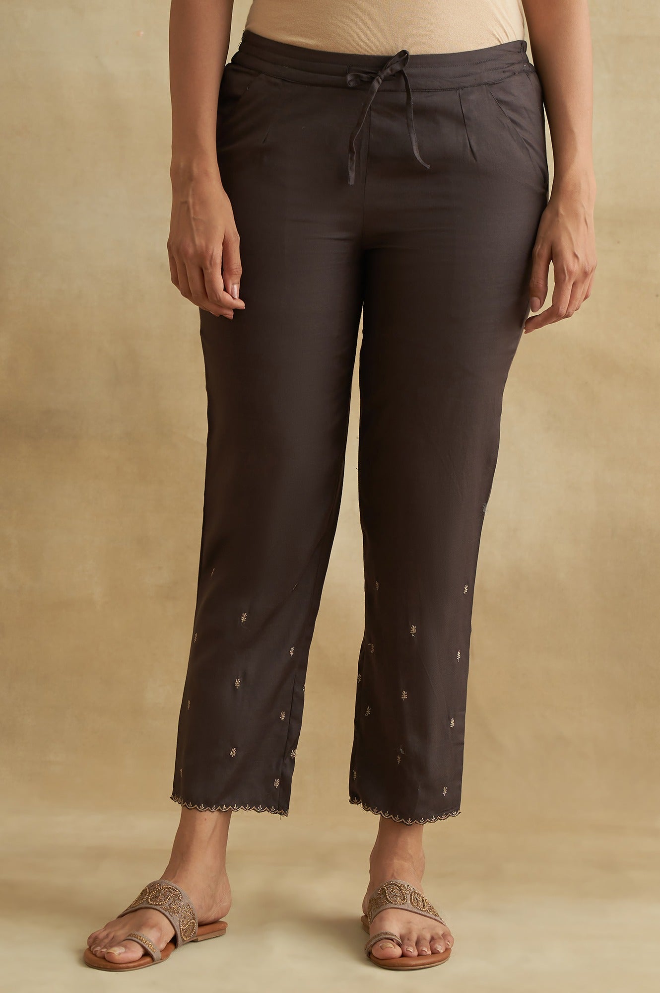 Dark Brown Solid Straight Pants