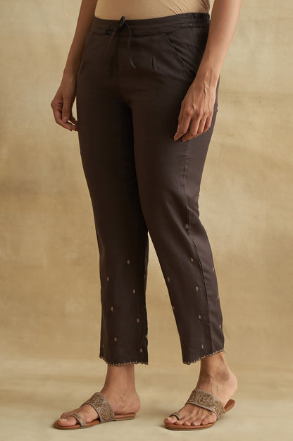 Dark Brown Solid Straight Pants