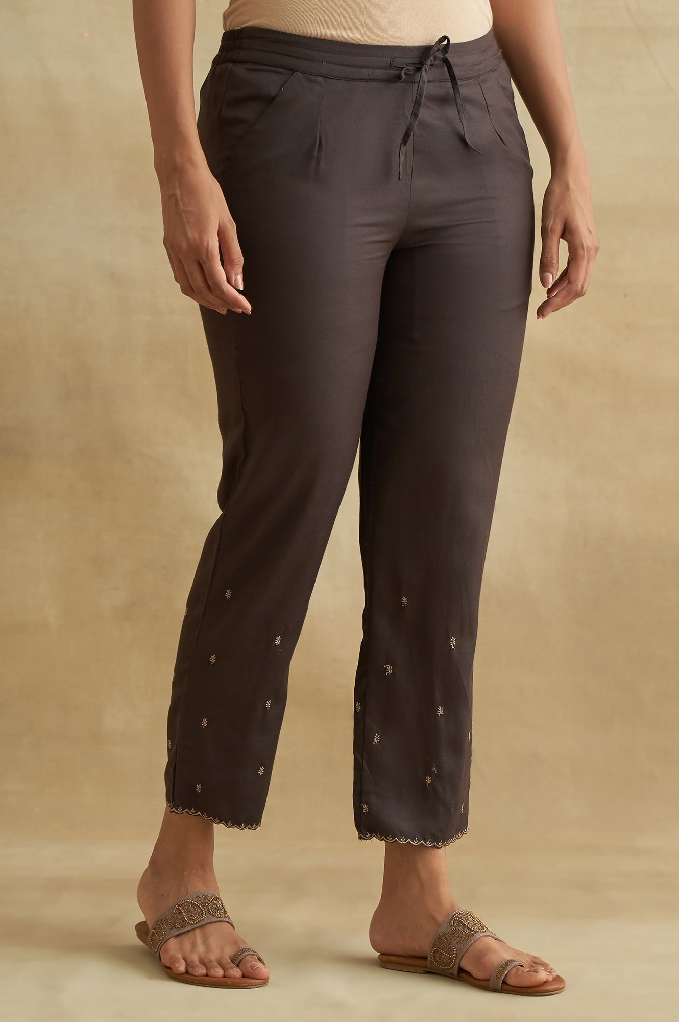 Dark Brown Solid Straight Pants