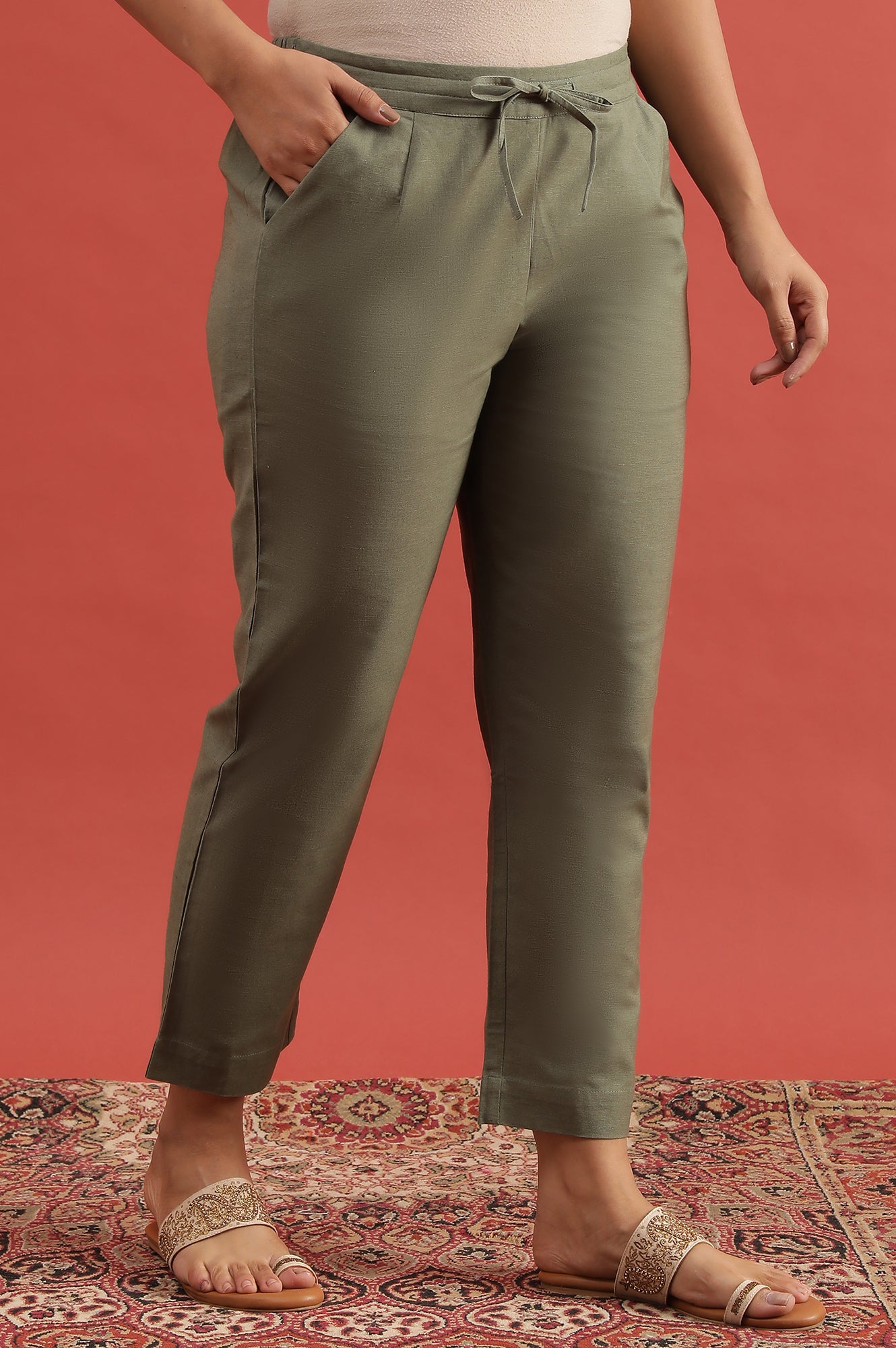 Green Solid Straight Pants