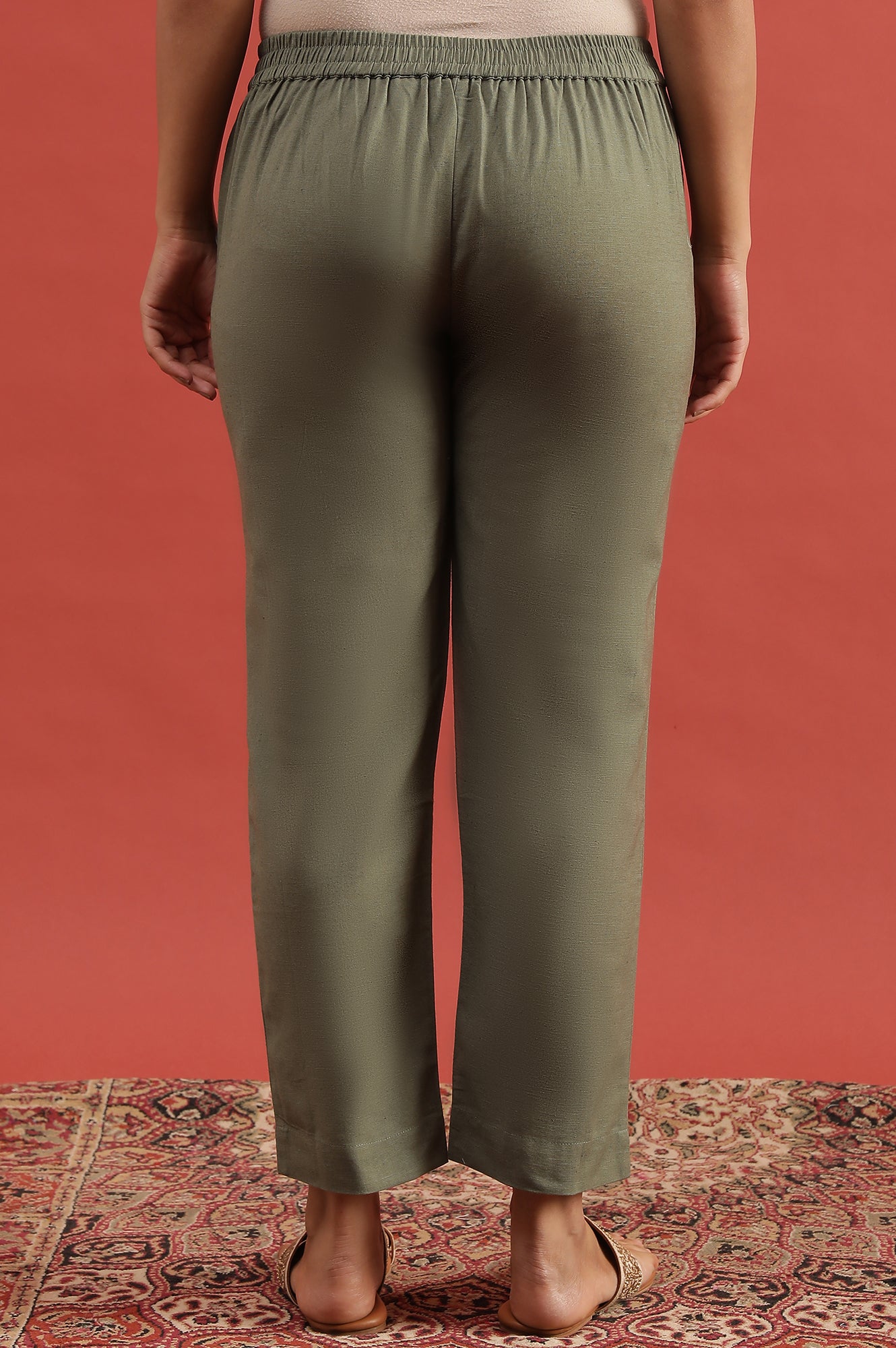 Green Solid Straight Pants