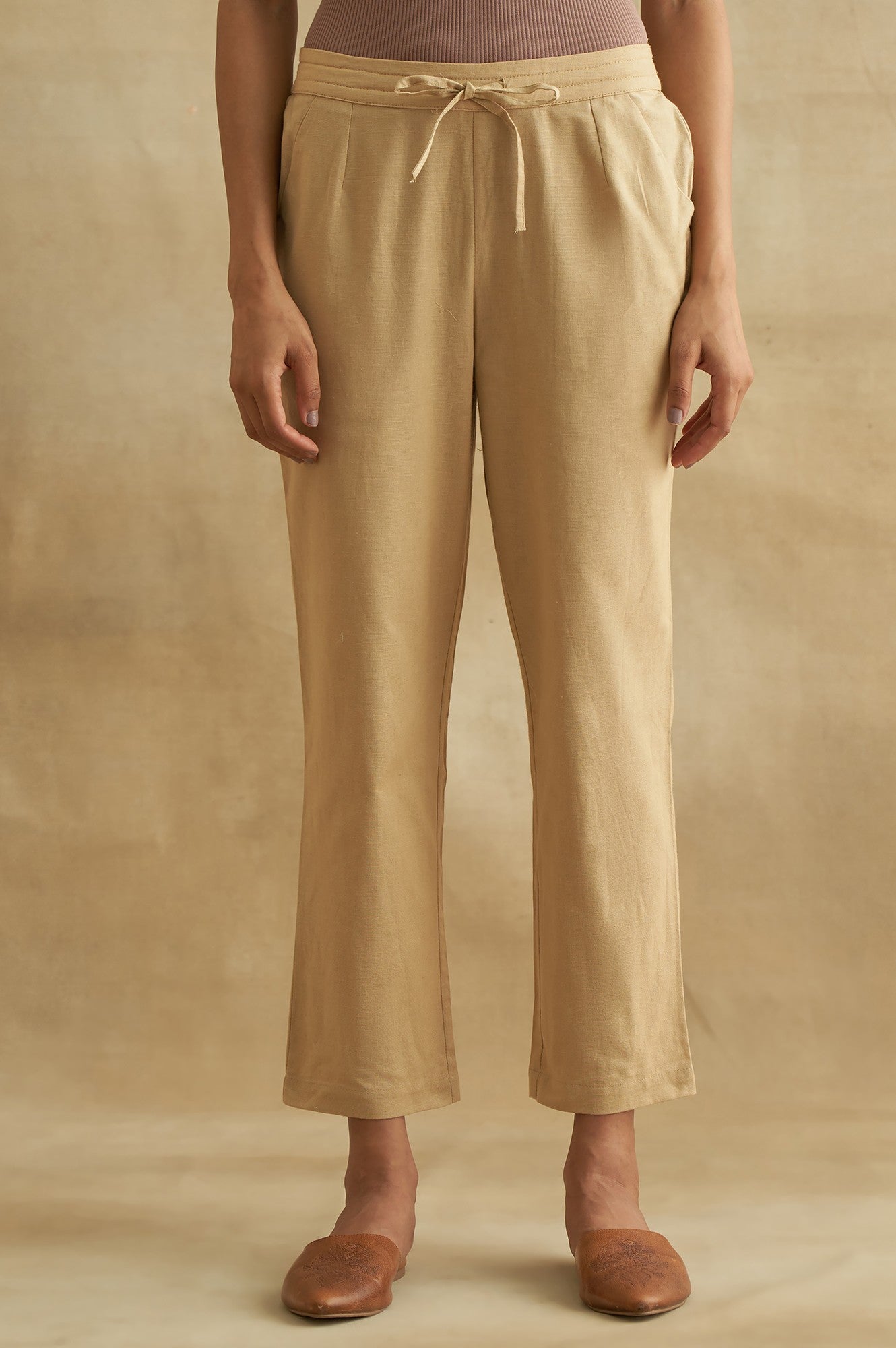 Beige Solid Straight Pants