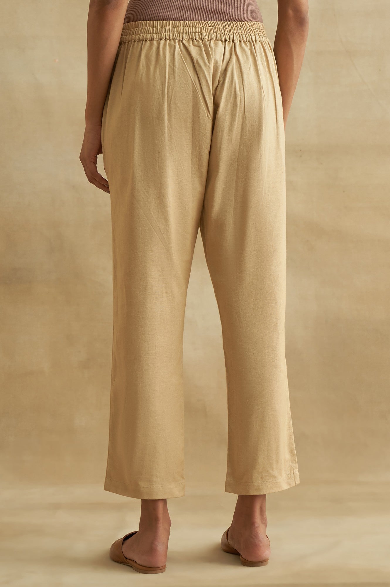 Beige Solid Straight Pants