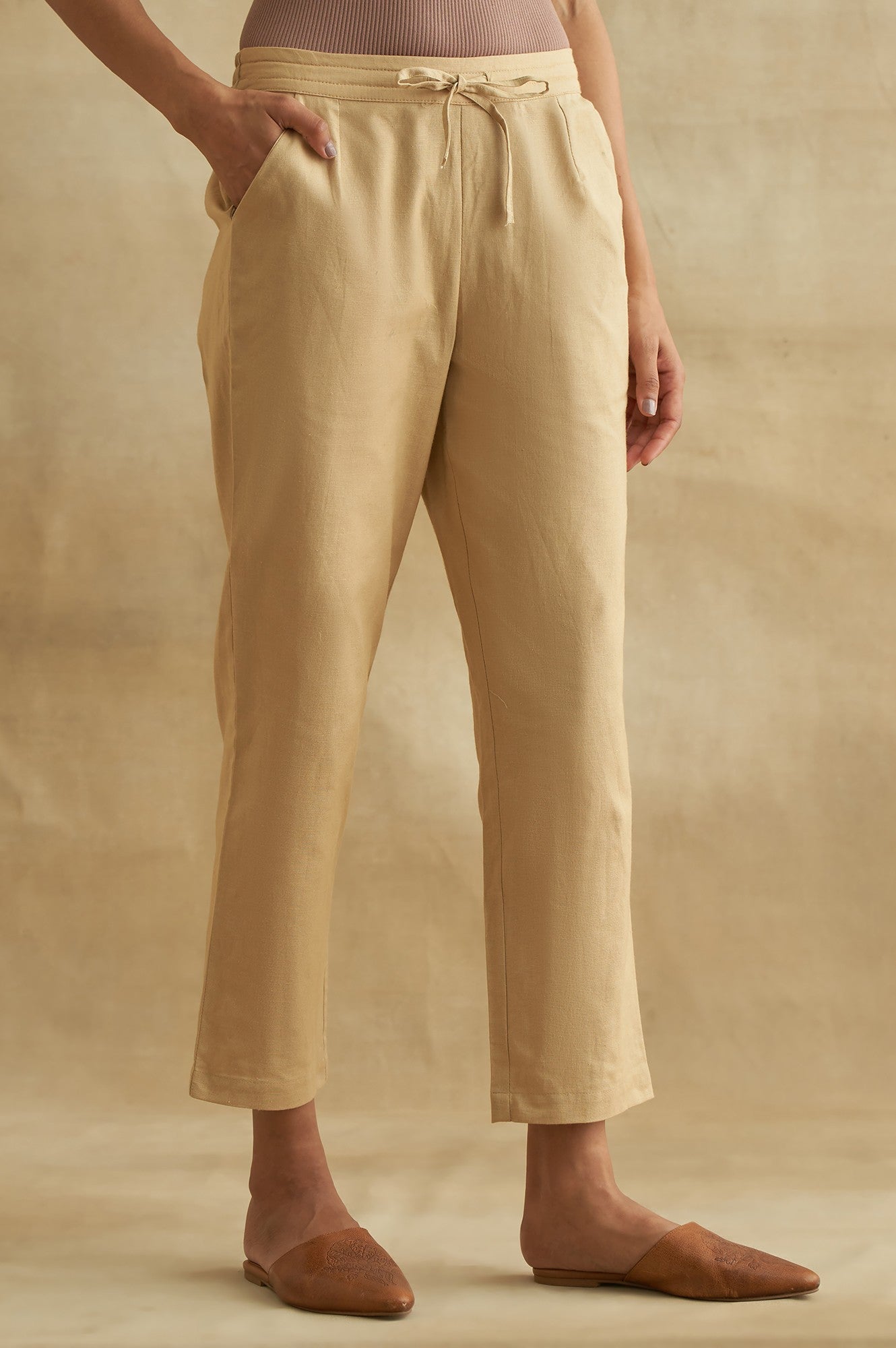 Beige Solid Straight Pants